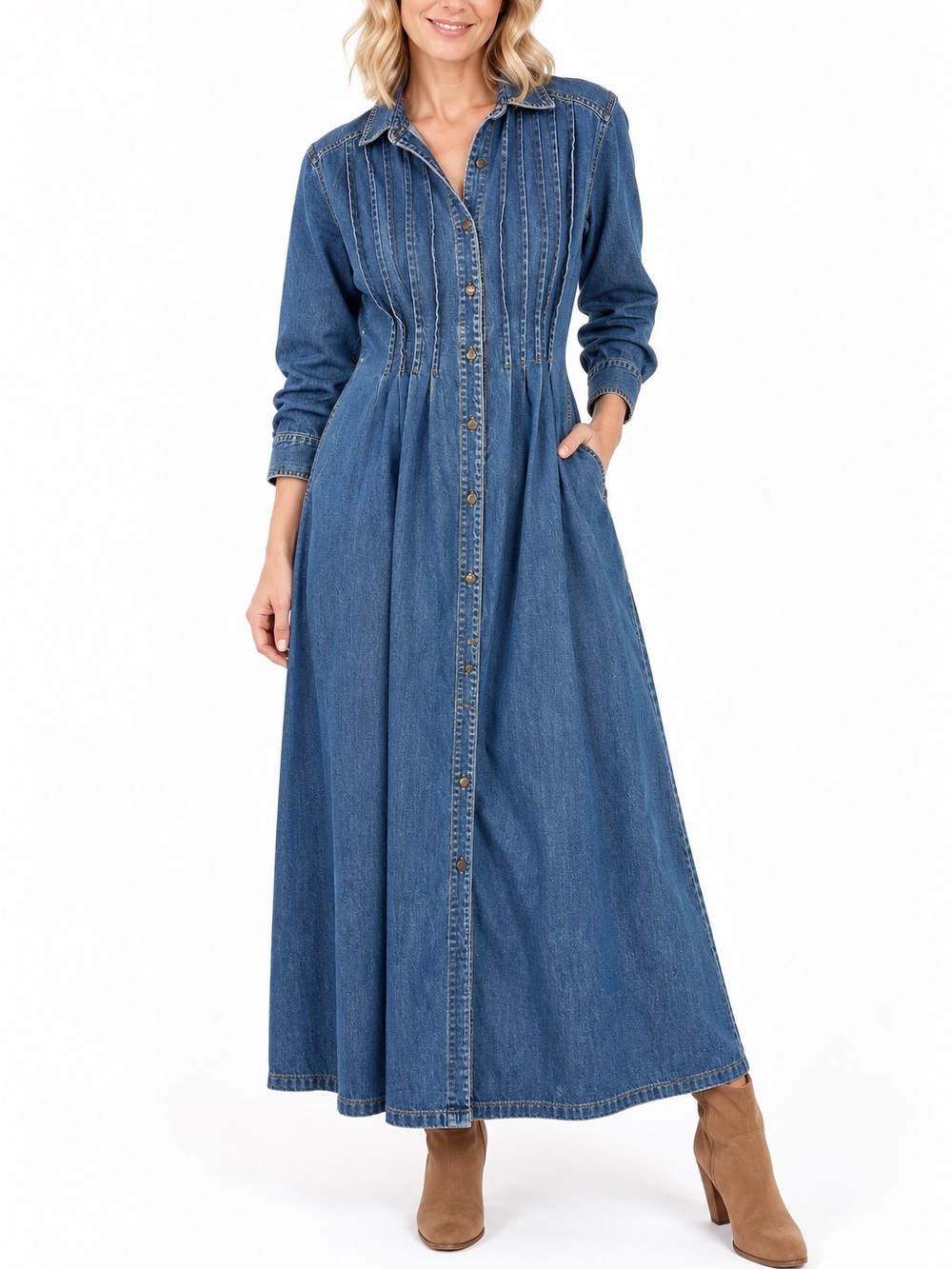 Laura Ashley Denim Midi Dress Women’s 8 Blue Pintuck Button Front Cottagecore
